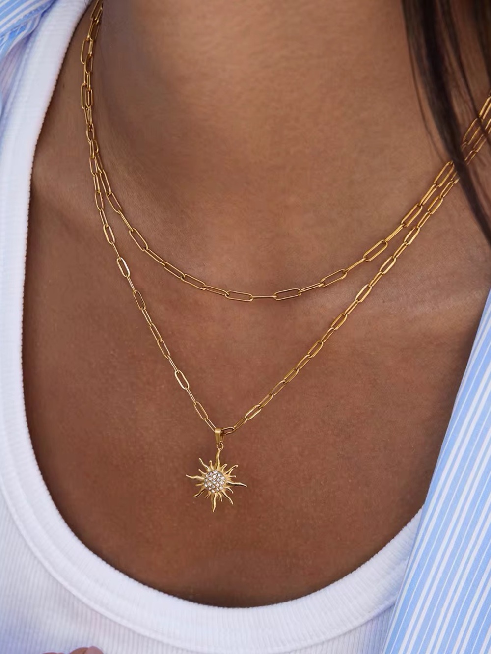 18K Gold Plated Double Layer Sun Pendant Necklace